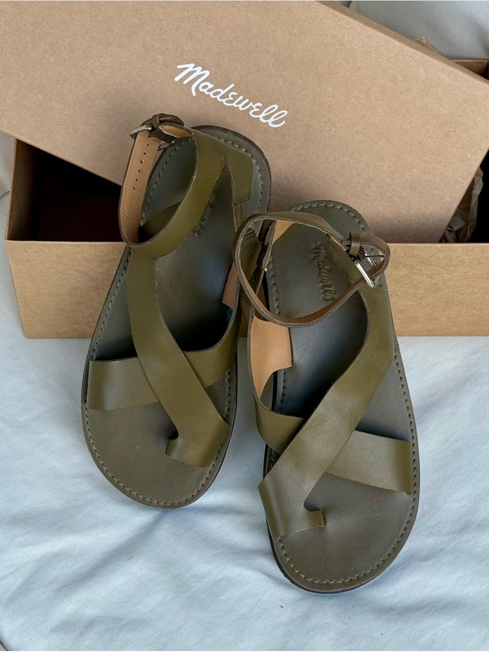 Madewell Olive Green Leather Crisscross Ankle-Strap Sandals
